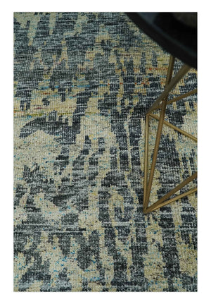 4.5x6.5 Hand Knotted Beige and Charcoal Modern Abstract  Recycled Silk Area Rug