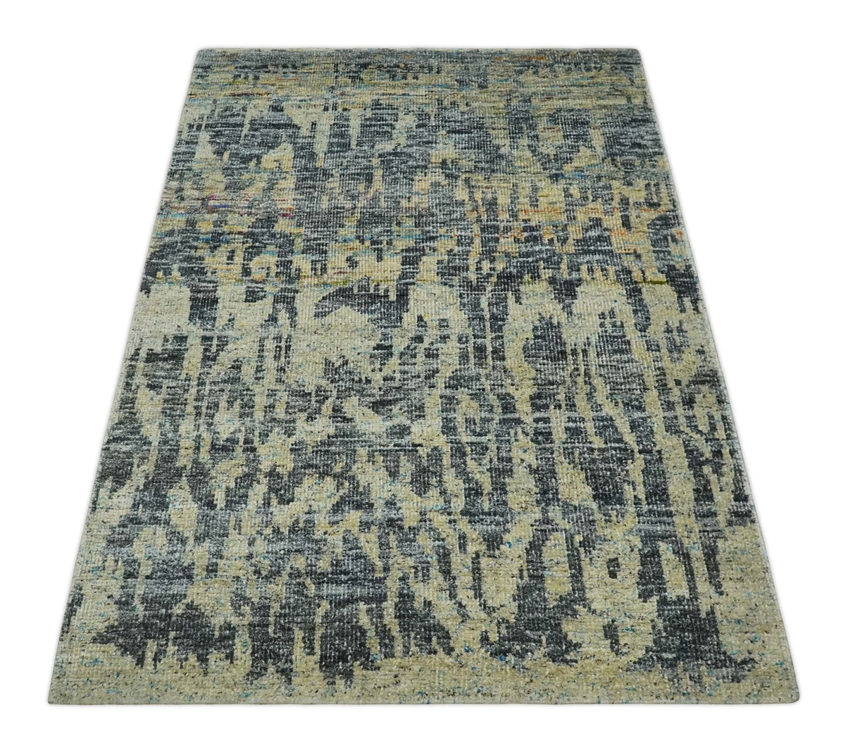 4.5x6.5 Hand Knotted Beige and Charcoal Modern Abstract  Recycled Silk Area Rug