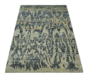 4.5x6.5 Hand Knotted Beige and Charcoal Modern Abstract  Recycled Silk Area Rug