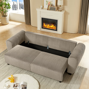 Corduroy Upholstered 3-Seat Sofa Couch 2-in-1 Convertible Sleeper Sofa Light Brown