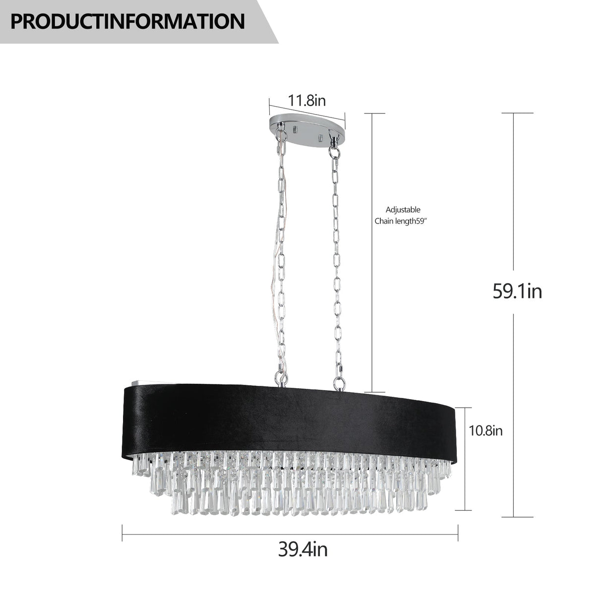 39' Modern Crystal Chandelier with Black Imitation Velvet Anti-Glare Shade, Adjustable Height, 8-Light G9 Base for Dining Room, Living Room, or Bedroom (Bulb Not Included)