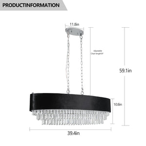 39' Modern Crystal Chandelier with Black Imitation Velvet Anti-Glare Shade, Adjustable Height, 8-Light G9 Base for Dining Room, Living Room, or Bedroom (Bulb Not Included)