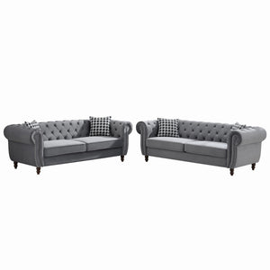 Chesterfield Upholstery Fabric Sofa With Roll Armrest & Nailhead, Mid Century Modern 3 And 3 Seater Couch