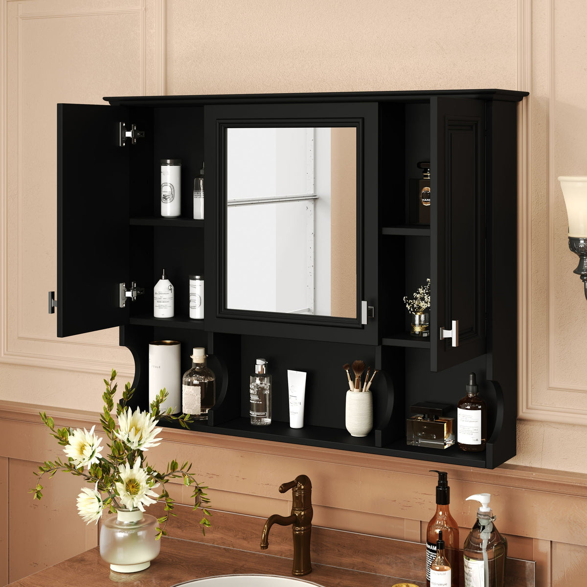 Wall Mounted Bathroom Medicine Wall Cabinet With Mirror & Open Shelves