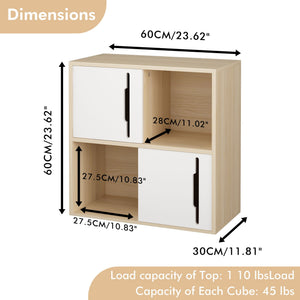 Storage Cabinet with Sliding Doors, 2 Tier Open and Closed Shelves Organizer - Natural / White