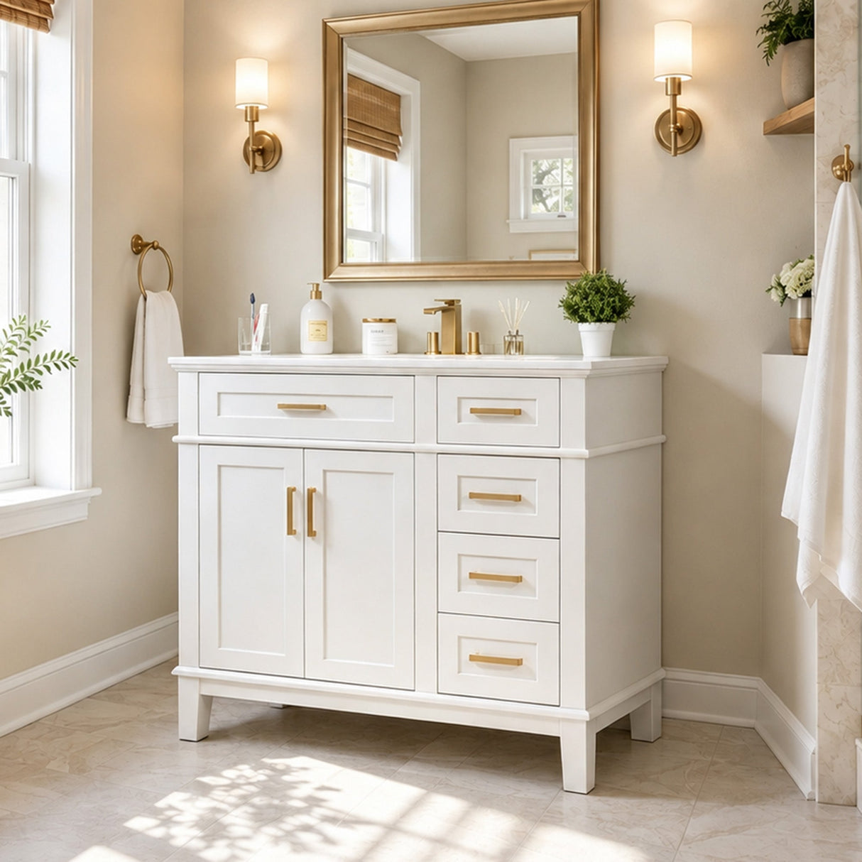 36-Inch White Modern Bathroom Vanity with Ceramic Sink