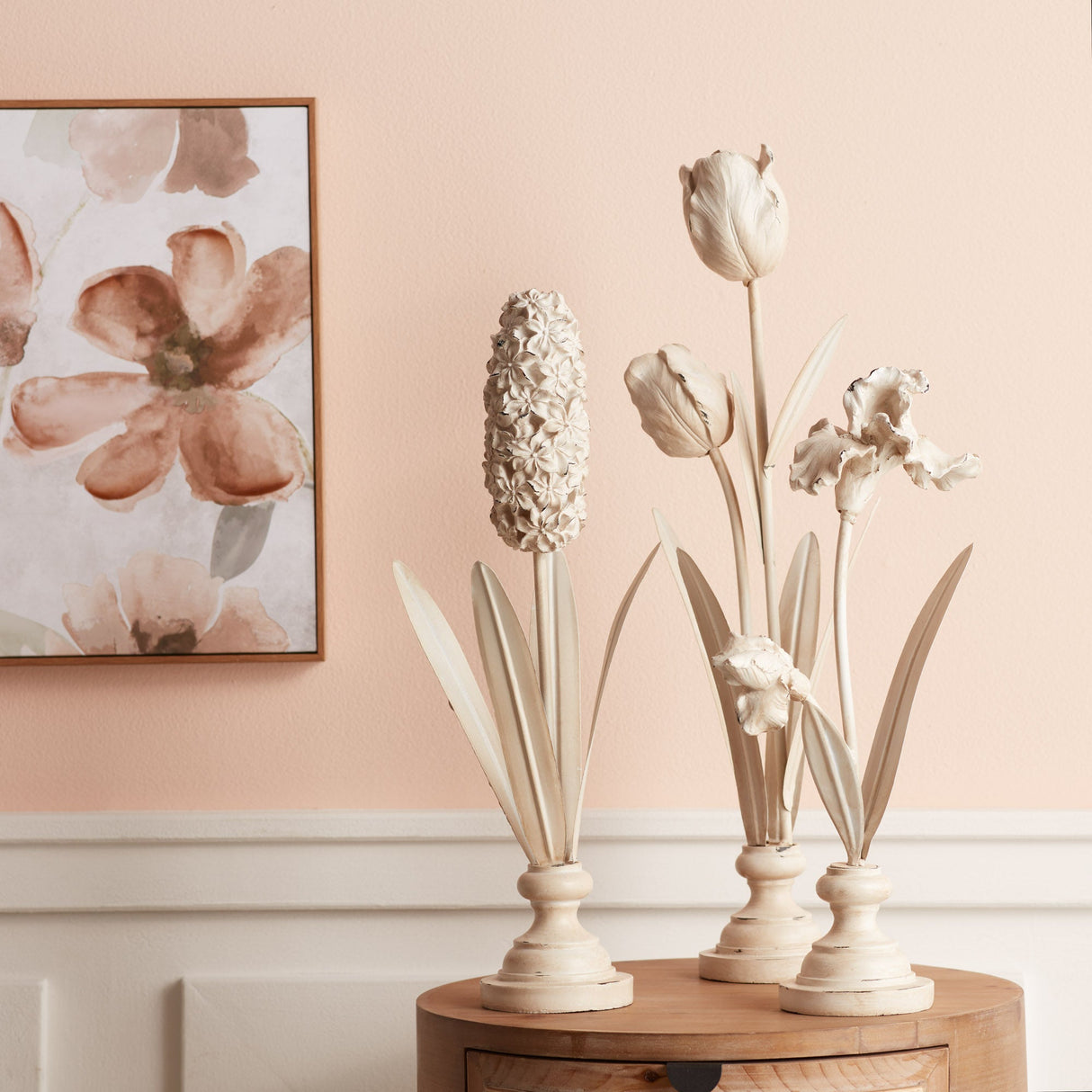 Distressed Ivory Floral Stem Sculpture (Set of 3)