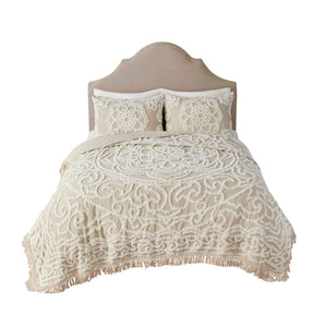 Tufted Cotton Chenille Medallion Fringe Coverlet Mini Set Taupe Full/Queen