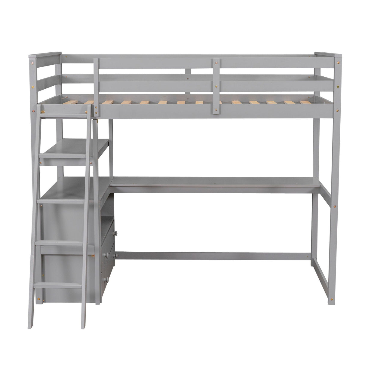 Modern Loft Bed With Built In Desk, Shelves, And 2 Drawers