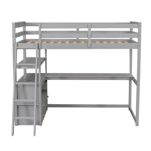 Modern Loft Bed With Built In Desk, Shelves, And 2 Drawers