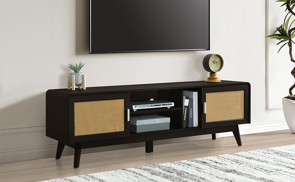 63'' Dark Rattan TV Stand with 2 Storage Cabinets and Solid Wood Legs