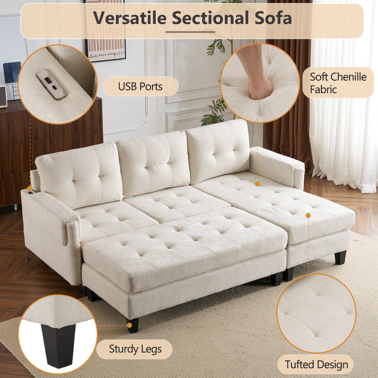 The Ashely Reversible Chenille Sectional Sofa with USB Charging Ports and Convertible Ottoman