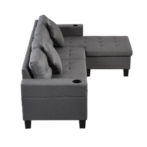 Modern Sectional Sofa Set With L Shape Chaise Lounge, Cup Holder, 4 Seat - Gray