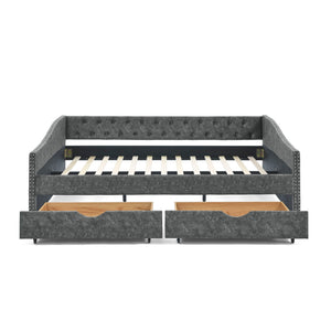 Upholstered Tufted Daybed With Drawers, Waved Arms