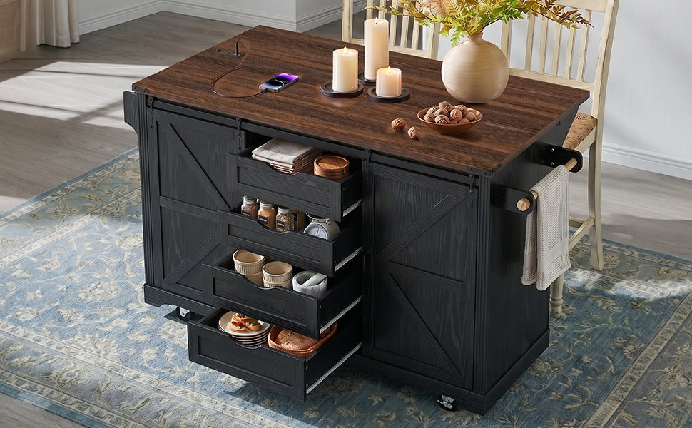 K&K 72" Farmhouse Kitchen Island with Fridge Storage Space & Power Outlet