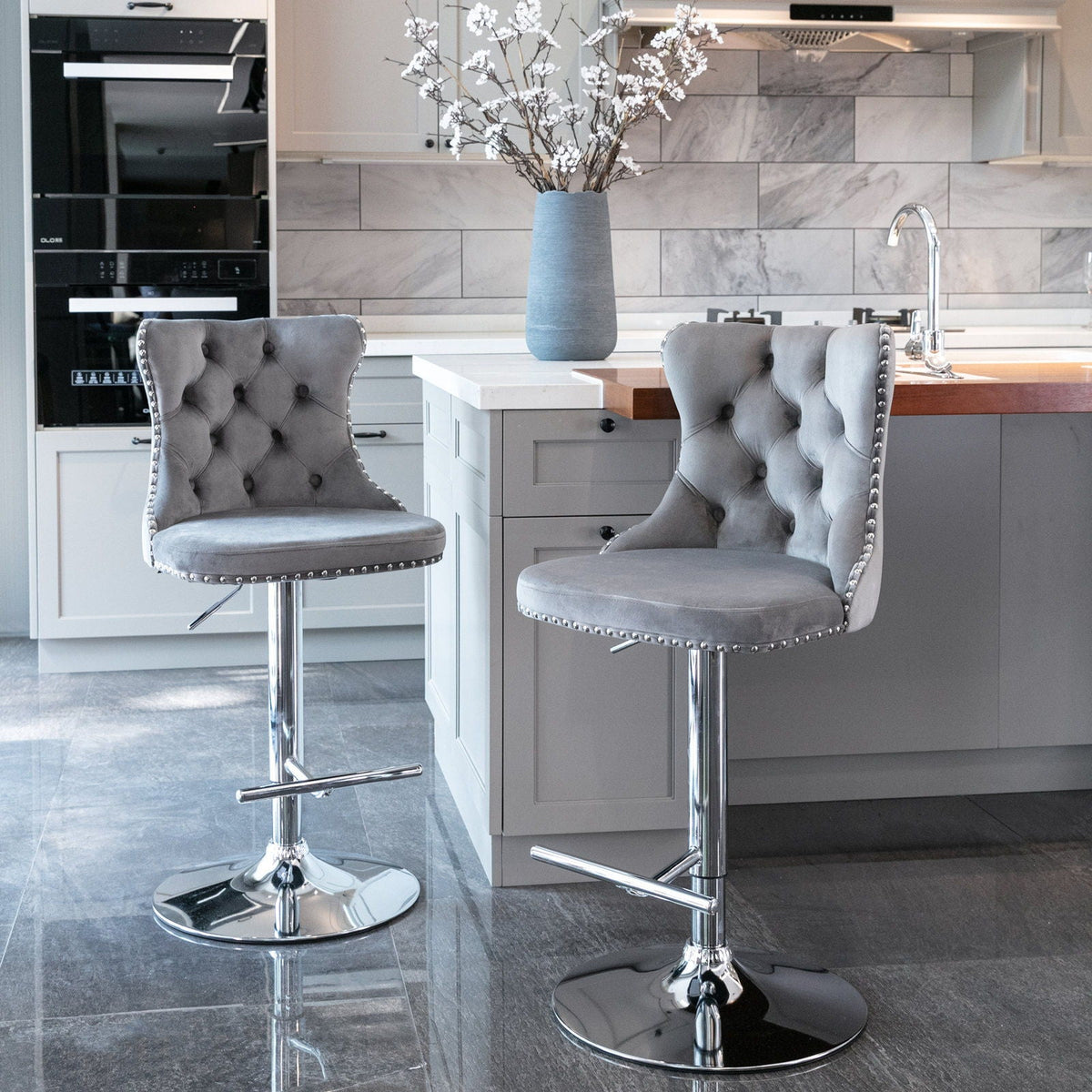Swivel Barstools Adjusatble Seat Height From 25-33", Modern Upholstered Base Bar Stools With Backs Comfortable Tufted For Home Pub And Kitchen Island (Set of 2)