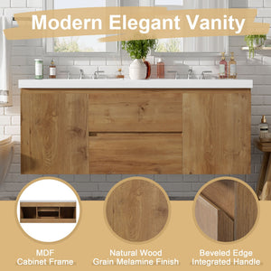 Double Sink Bathroom Vanity, Cabinet & Soft Close Doors, Divided Drawers, Wall Mounted Storage - Wood