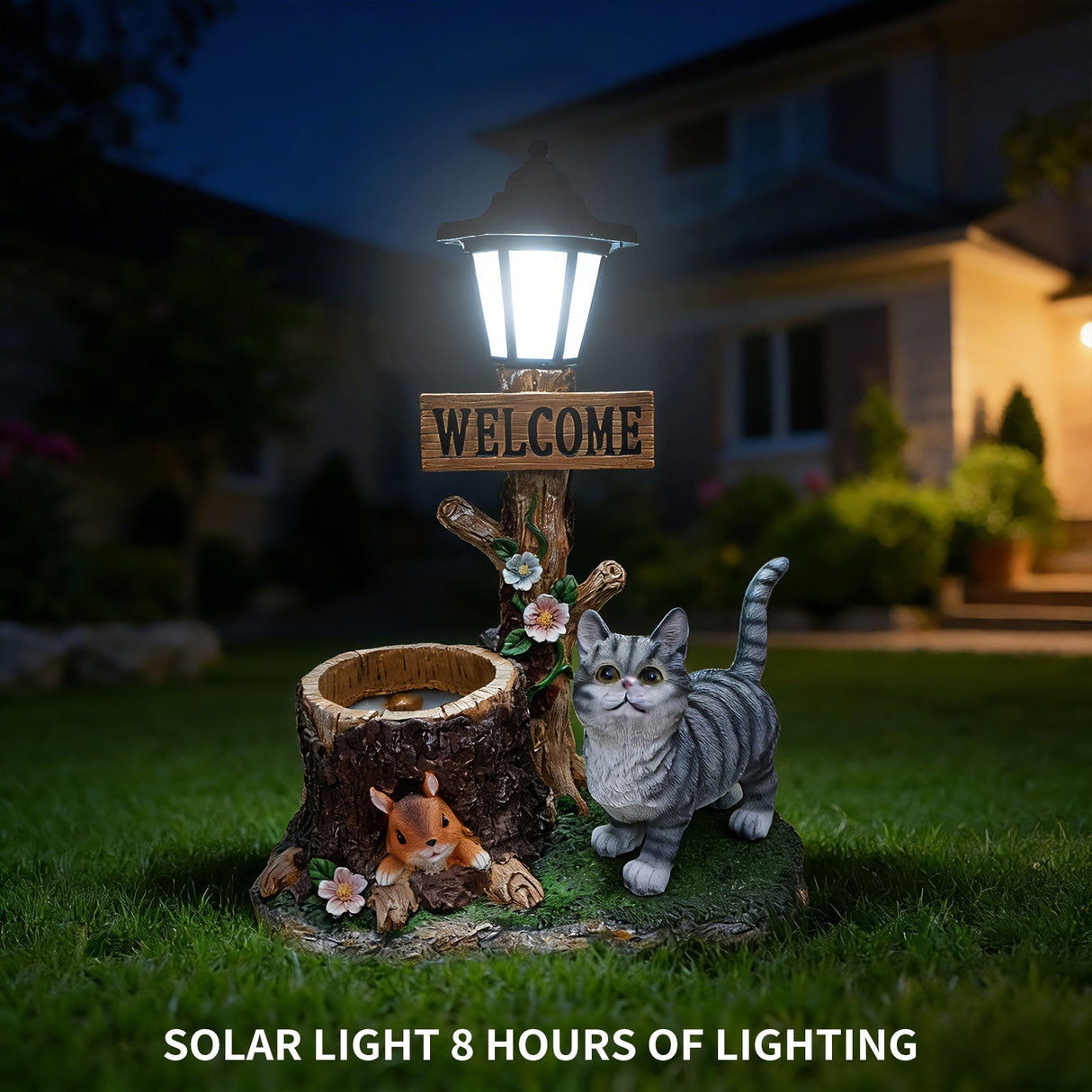 Cat Solar Planter Statue for Outdoor Decor