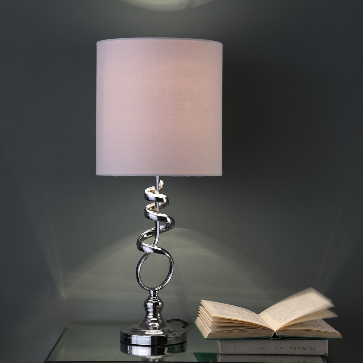 22" Nickel Bedside Table Lamp With Off White Drum Shade
