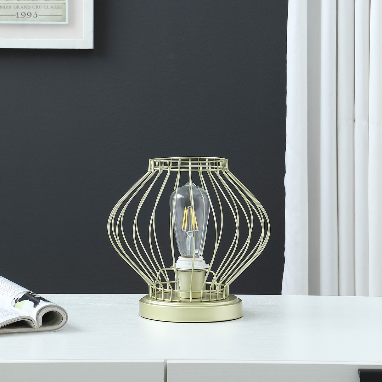 10" Gold Bedside Table Lamp With Gold Cage Shade