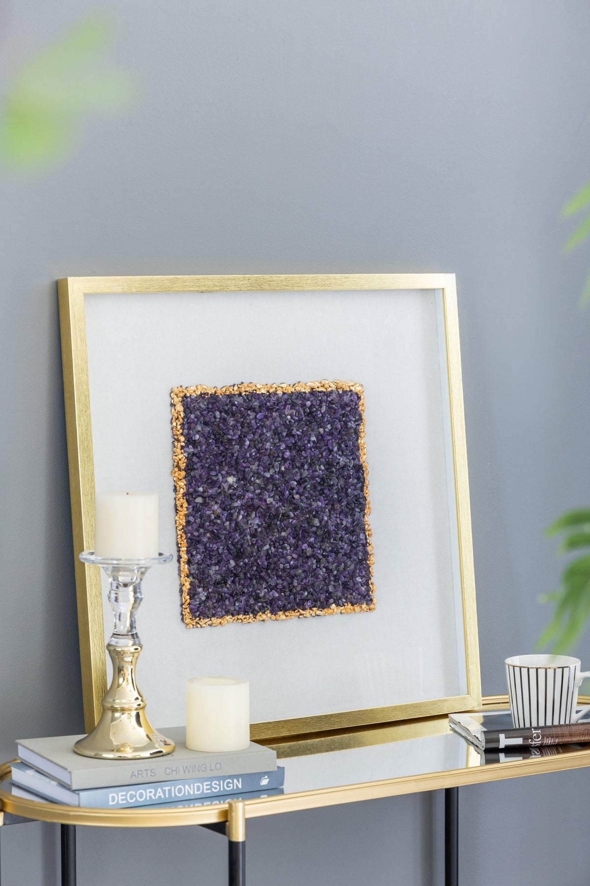 Elegant Shadow Box Duo Wall Art with Purple Amethyst Crystals - Neutral/Gold