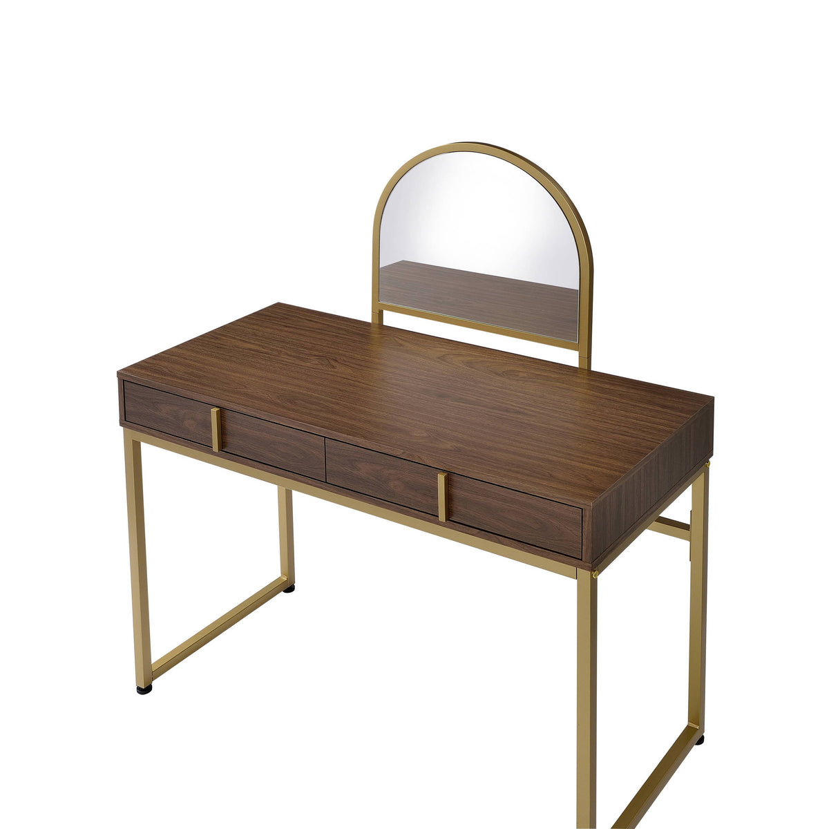 Walnut & Gold Finish Vanity Desk with Mirror & Jewelry Tray – Coleen
