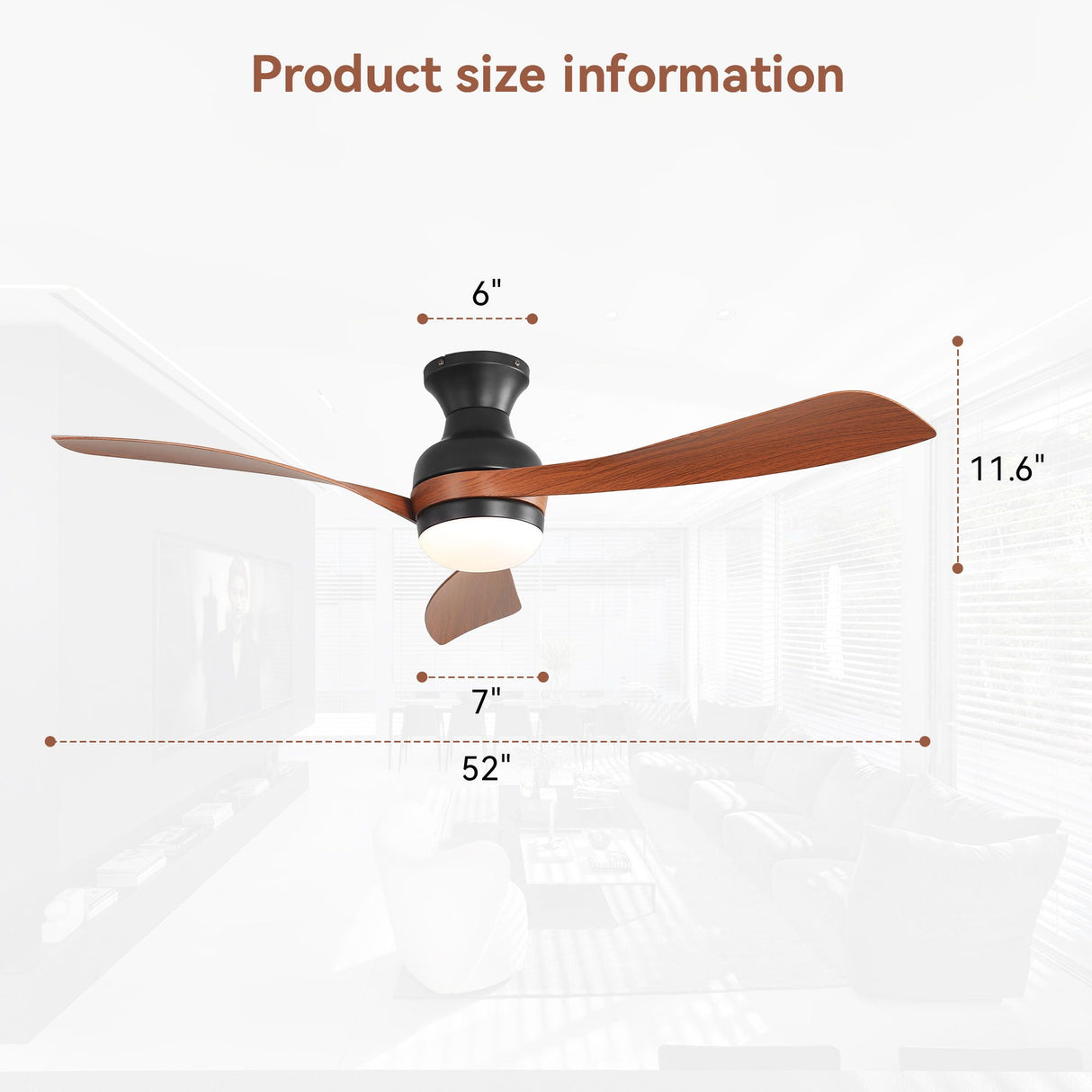 Ceiling Fan With Remote Controlled LED Light, 3 Blades, Flush Mount - Black