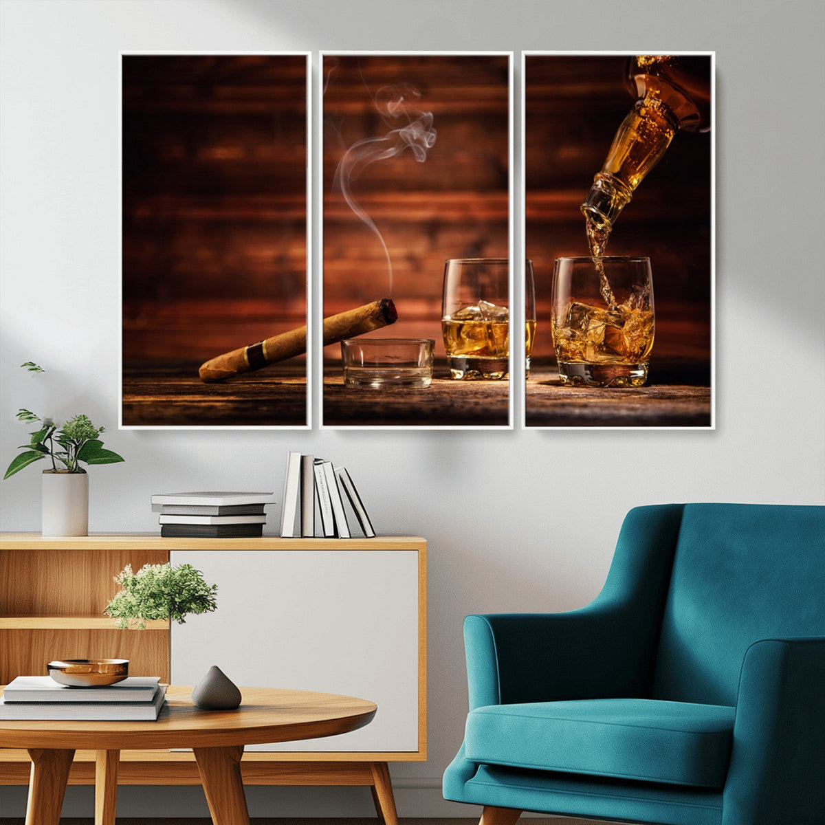 Whiskey and Cigar Wall Art Canvas | 3 Panel Bar Room Decor
