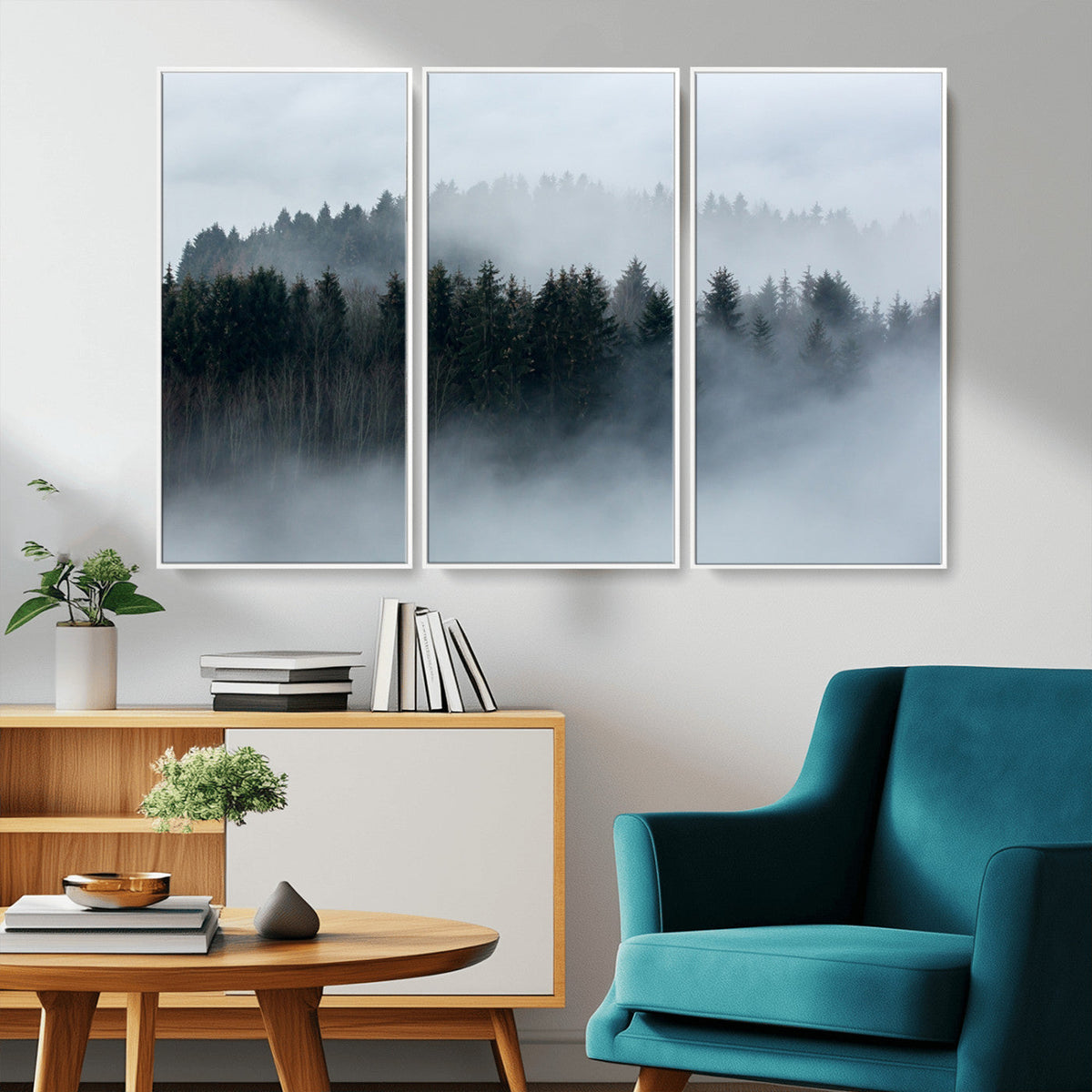 Autumn and Misty Trees in the Forest Wall Art Canvas Print,