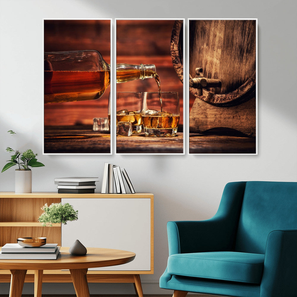 Whiskey and Cigar Canvas Wall Art | 3 Panel Bar Room Decor