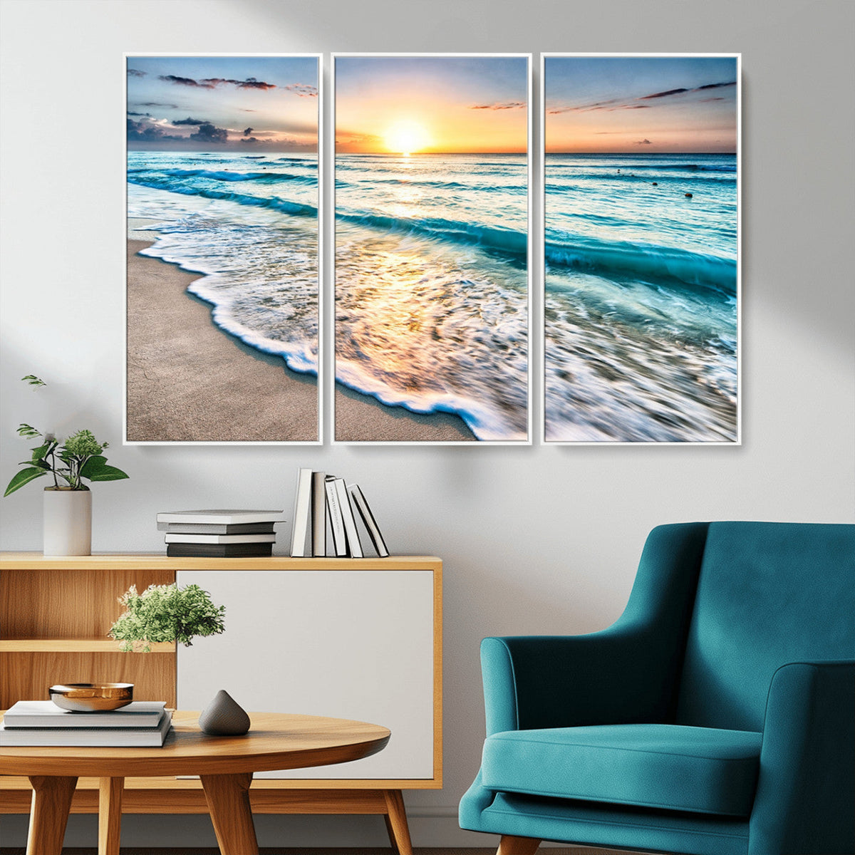 Sunset Beach Waves Canvas Wall Art – 5-Panel Ocean Sunset