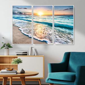 Sunset Beach Waves Canvas Wall Art – 5-Panel Ocean Sunset