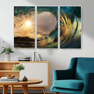 Golden Wave Sunset Canvas Print – Large Coastal Wall Art for