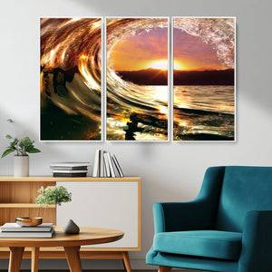 Golden Wave Sunset Triptych Canvas Art, Giclee Canvas Print