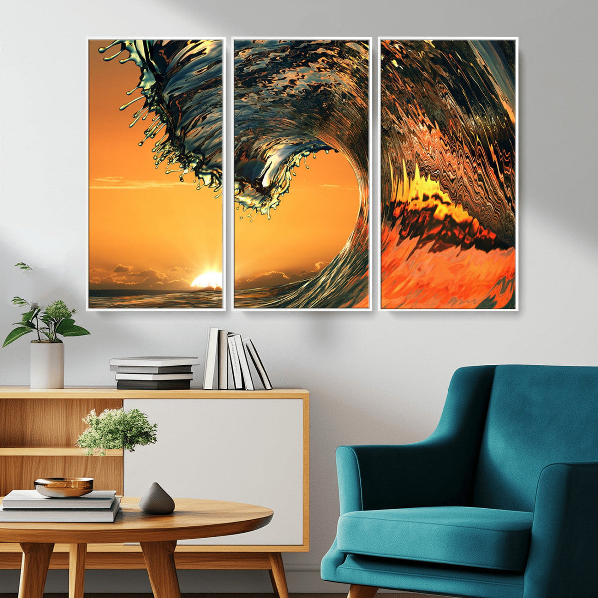 Surf Wave Sunset Canvas Wall Art Print, 3-Panel Ocean
