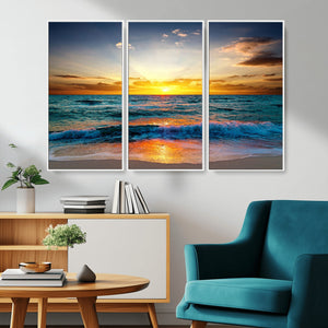 Vibrant Ocean Sunrise Over Golden Beach Waves, Giclee Canvas