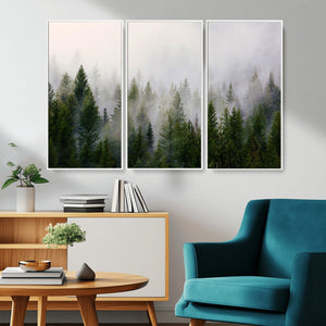 Misty Pine Forest Wall Art Canvas Print | 3 Panel Green