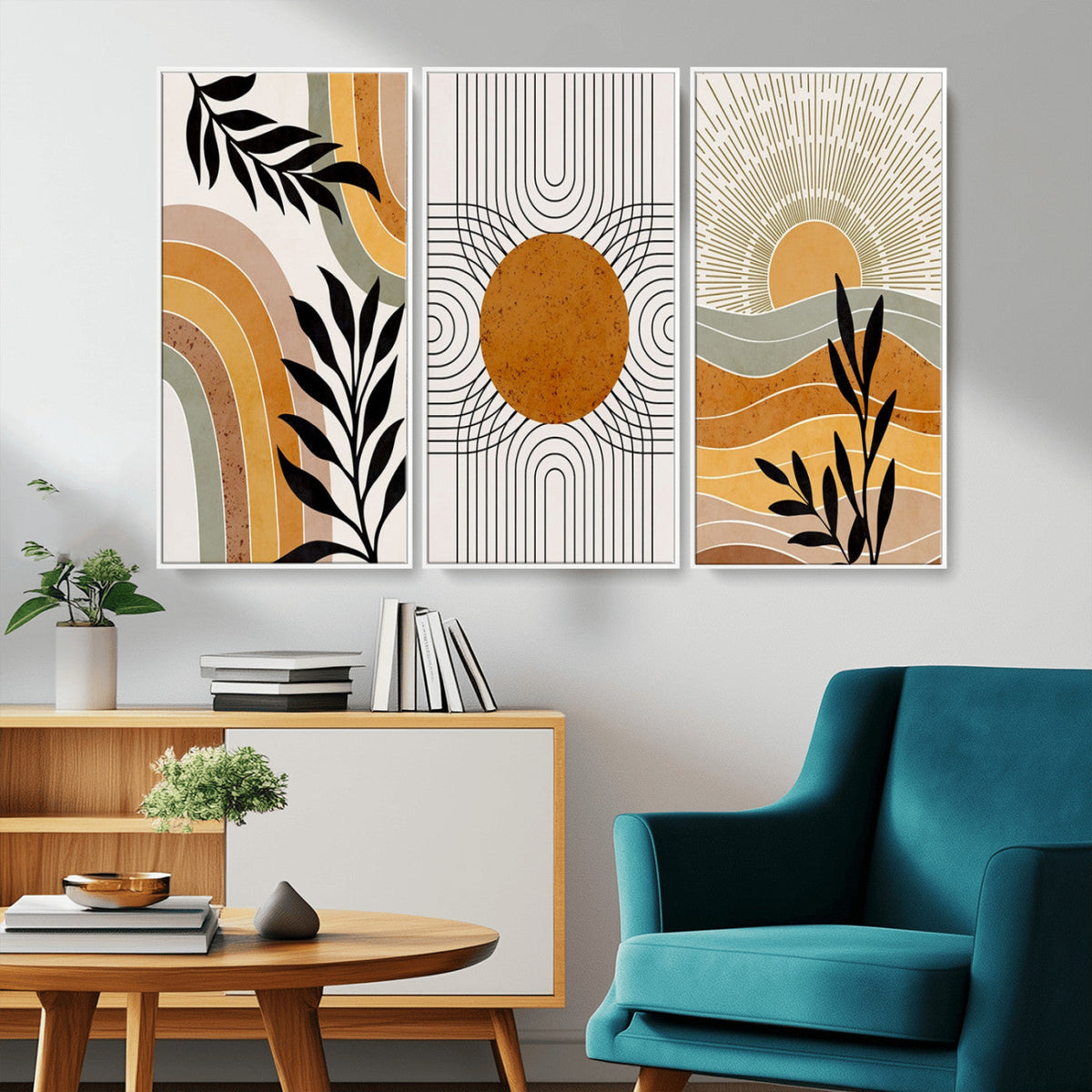 Modern Boho Sun and Leaf Abstract Art – 3-Panel Giclée