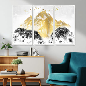 Golden Mountain Triptych Wall Art Canvas Print, Modern