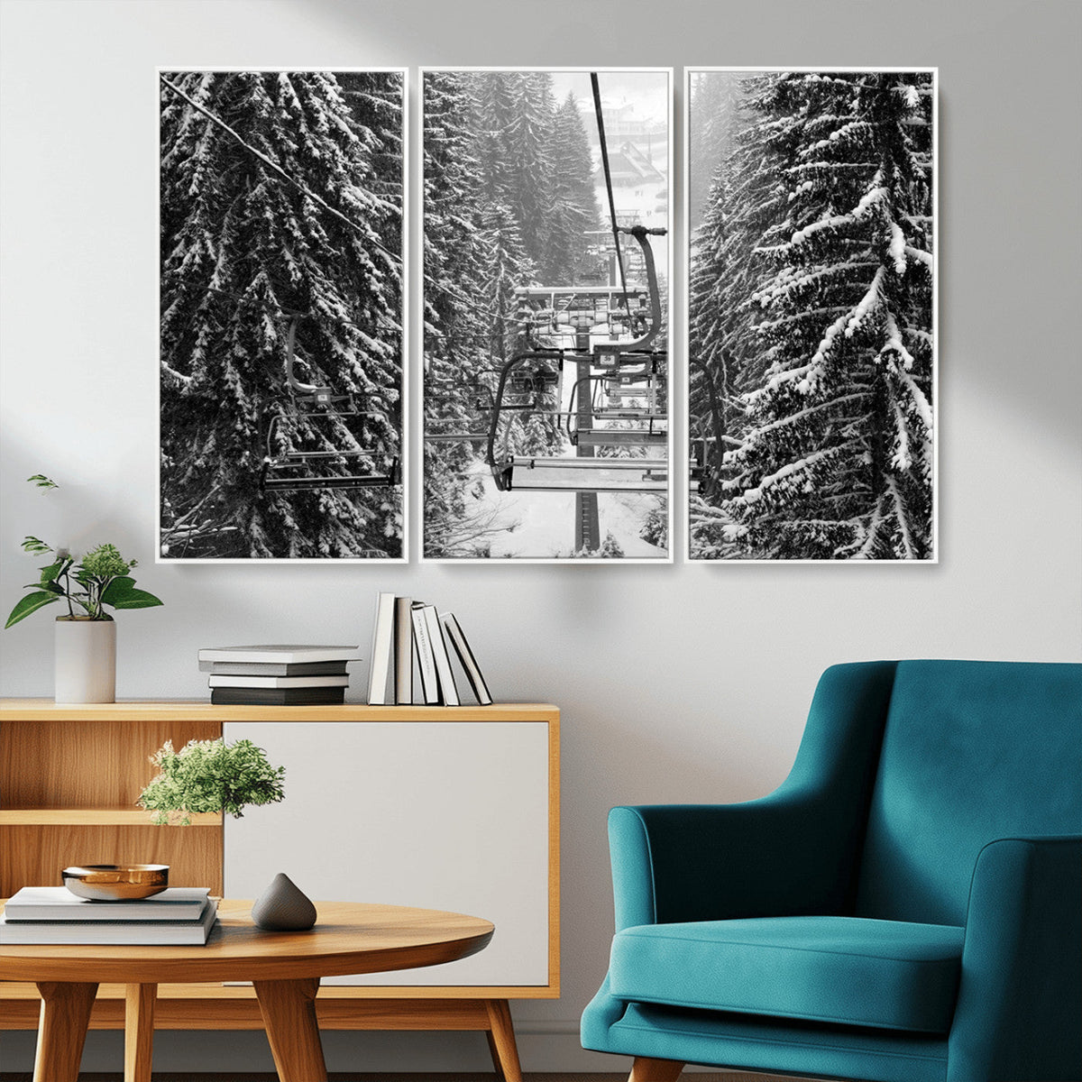 Winter Ski Lift Black and White Canvas Wall Art – Alpine
