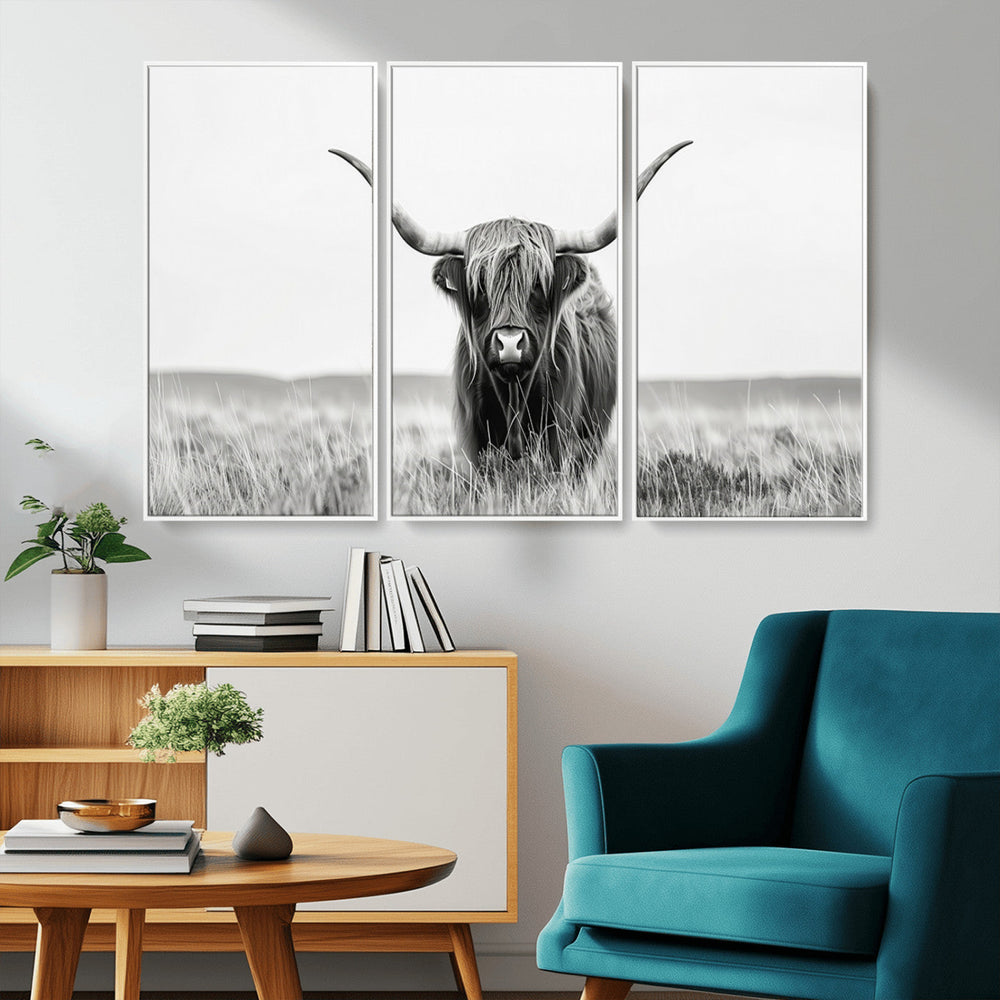 Highland Cow Canvas Wall Art – Majestic Beauty in Black and