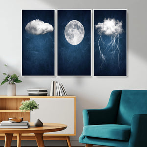 Dark Blue Cloud Art, 3 Piece Indigo Blue Wall Art, Aesthetic