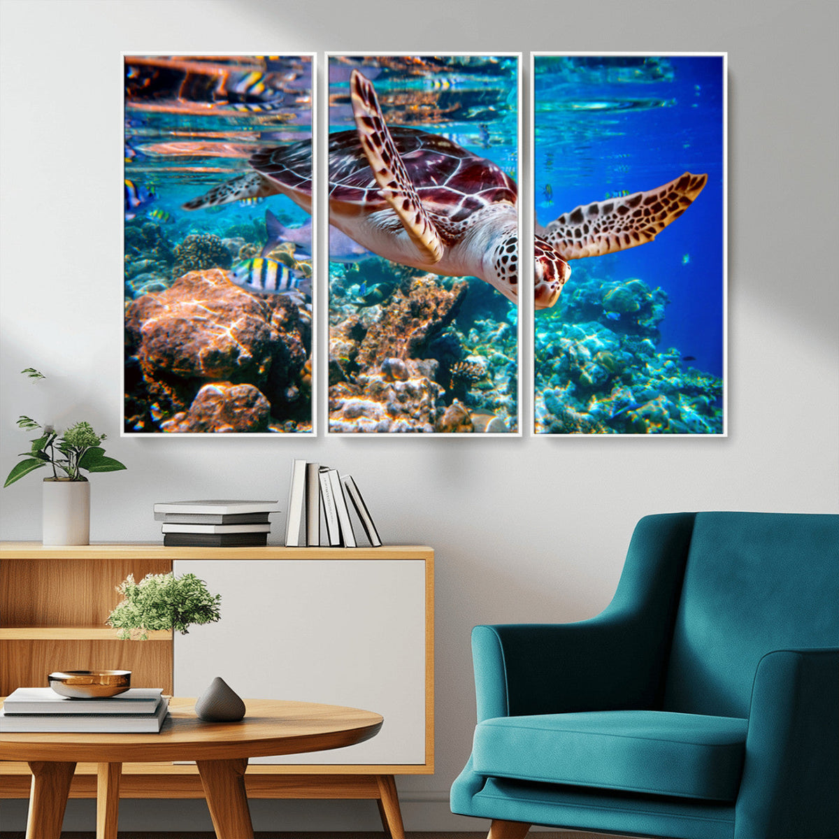 Underwater Coral Reef Sea Turtle Wall Art Canvas Print,
