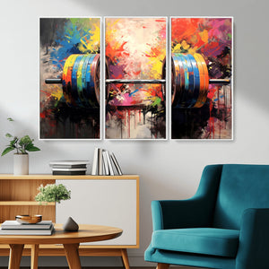 Weightlifting Barbell Art Triptych, Bold Abstract Fitness
