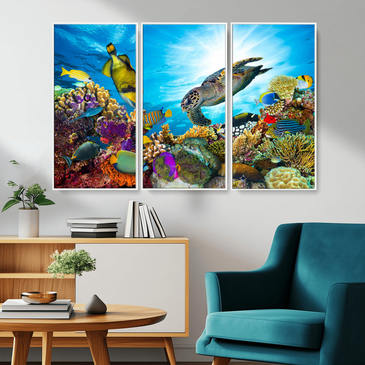 Colorful Coral Reef and Sea Life Turtle Canvas Print,