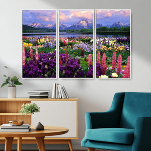 Vibrant Wildflower Garden and Mountain View Giclee Canvas
