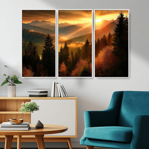 Golden Sunset Over Mountain Forest Canvas Wall Art Print -