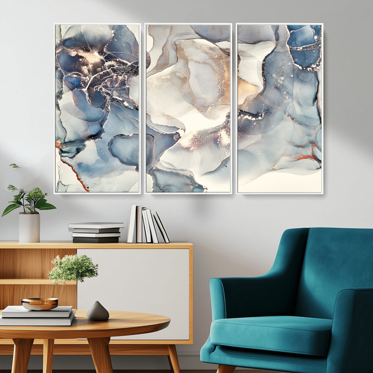 Abstract Blue and Gold Canvas Wall Art - Fluid Modern Ink