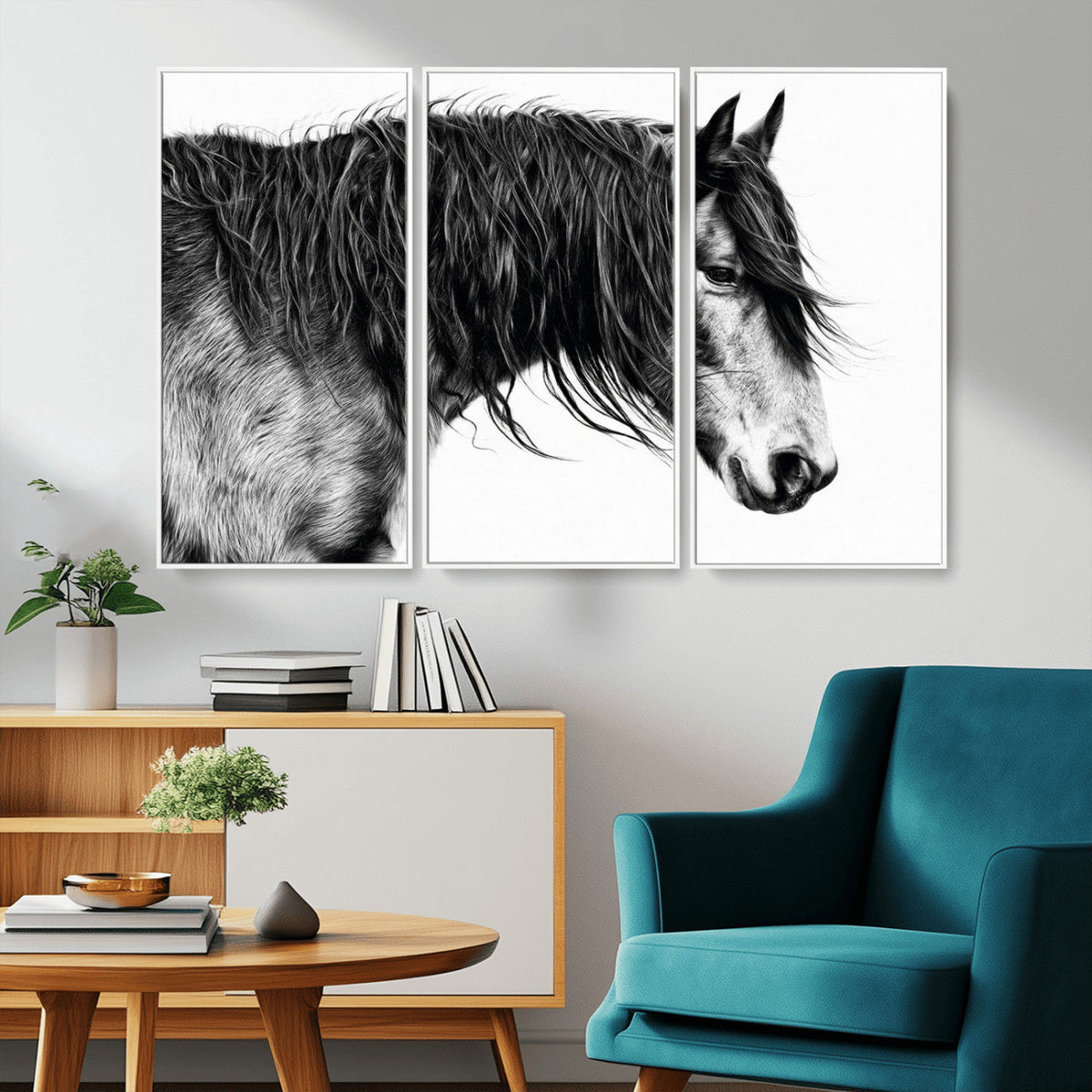 Majestic Horse Wall Art – Framed Black White Portrait Canvas