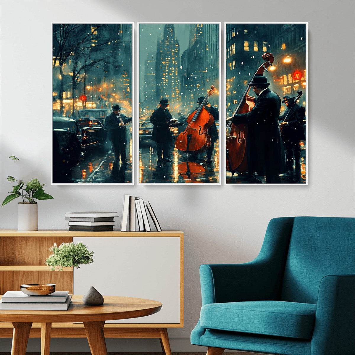 Urban Night Jazz Wall Art Canvas Print – Moody Rain-Soaked